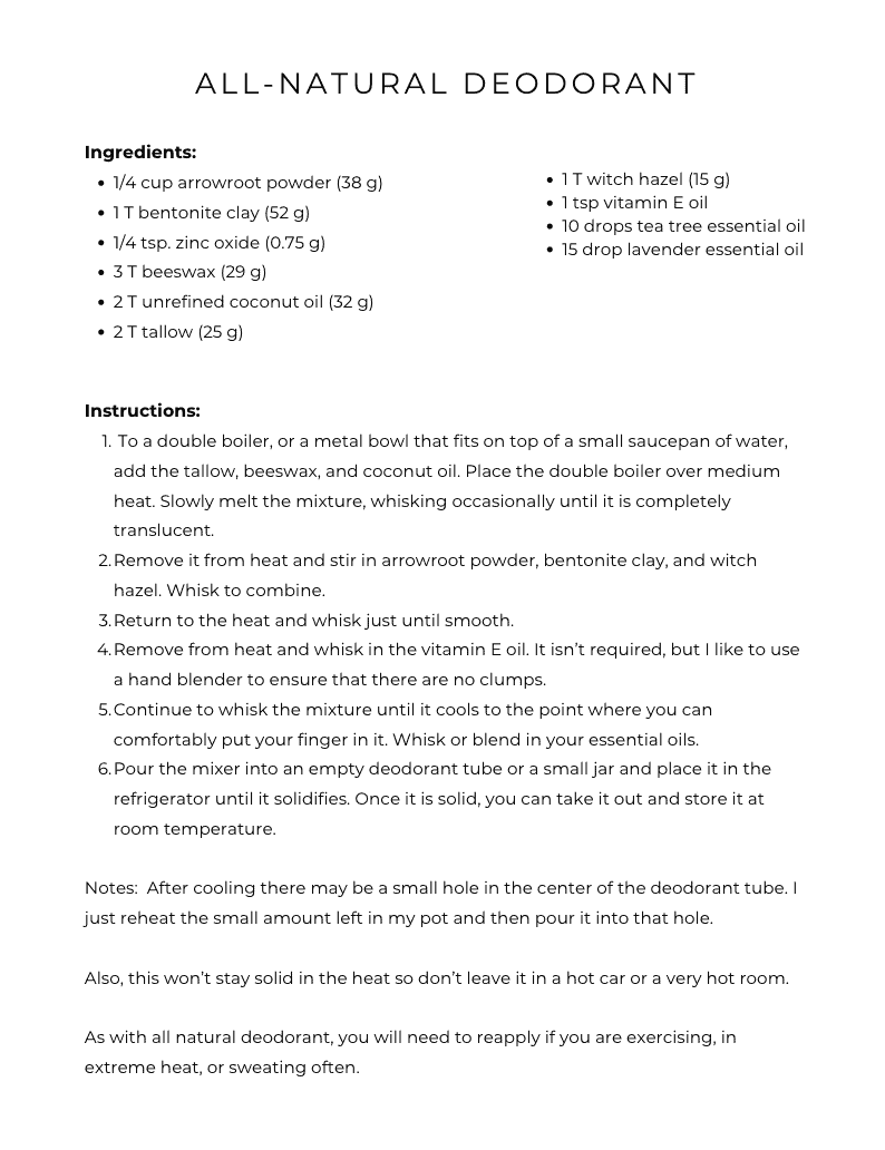 all-natural deodorant printable recipe